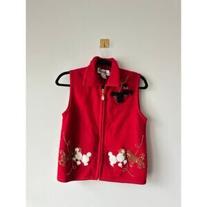 Vintage 90s Red Wool Poodle Vest | Beaded Novelty Knit | Kitsch Vest | Petite M